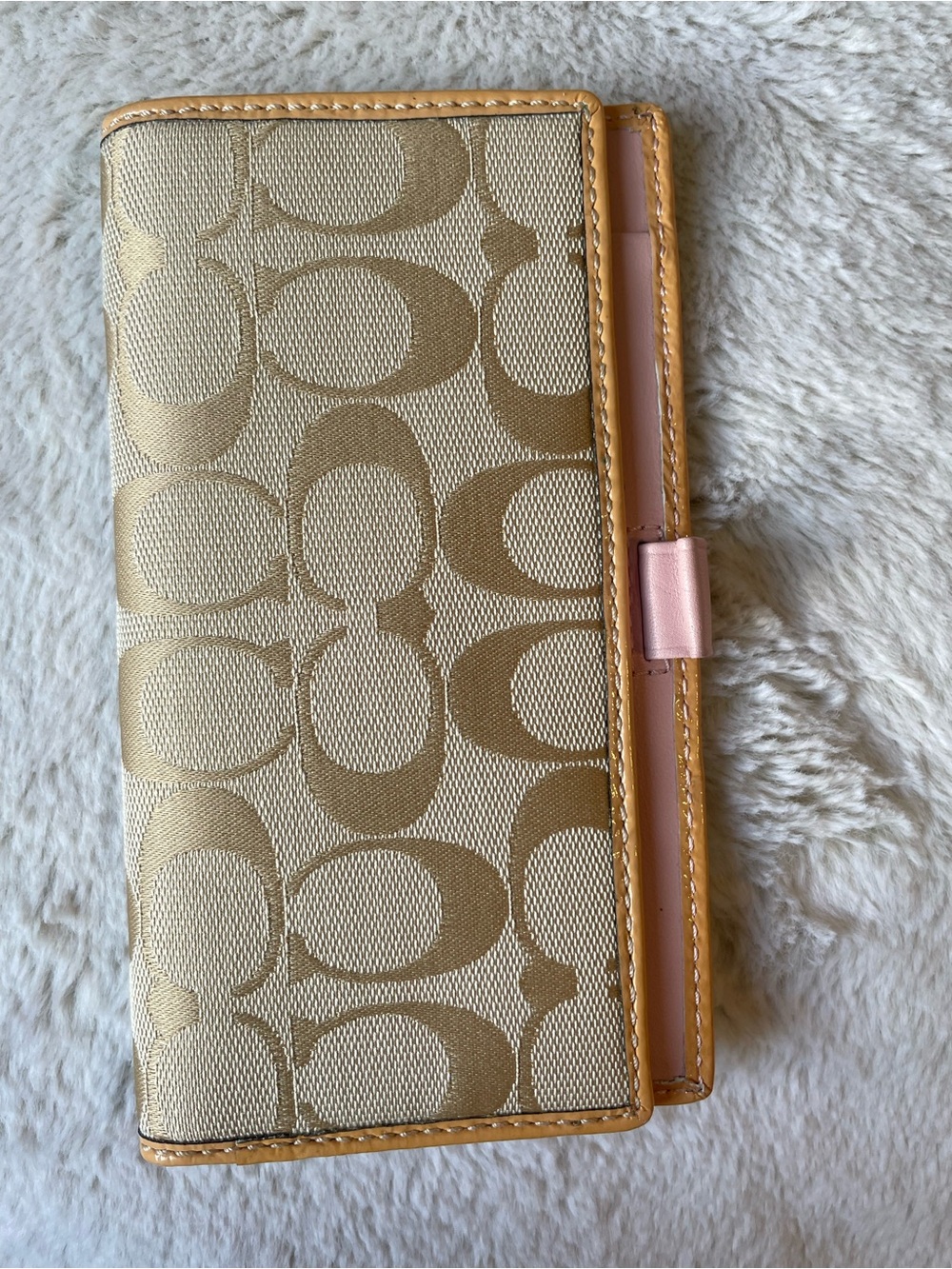 Coach Beige Signature Fold Checkbook  Wallet with Pink Pencil Tab